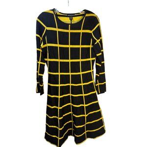 Esperanza Black & Yellow Windowpane Long Sleeve A-Line Dress Womens Medium Rayon